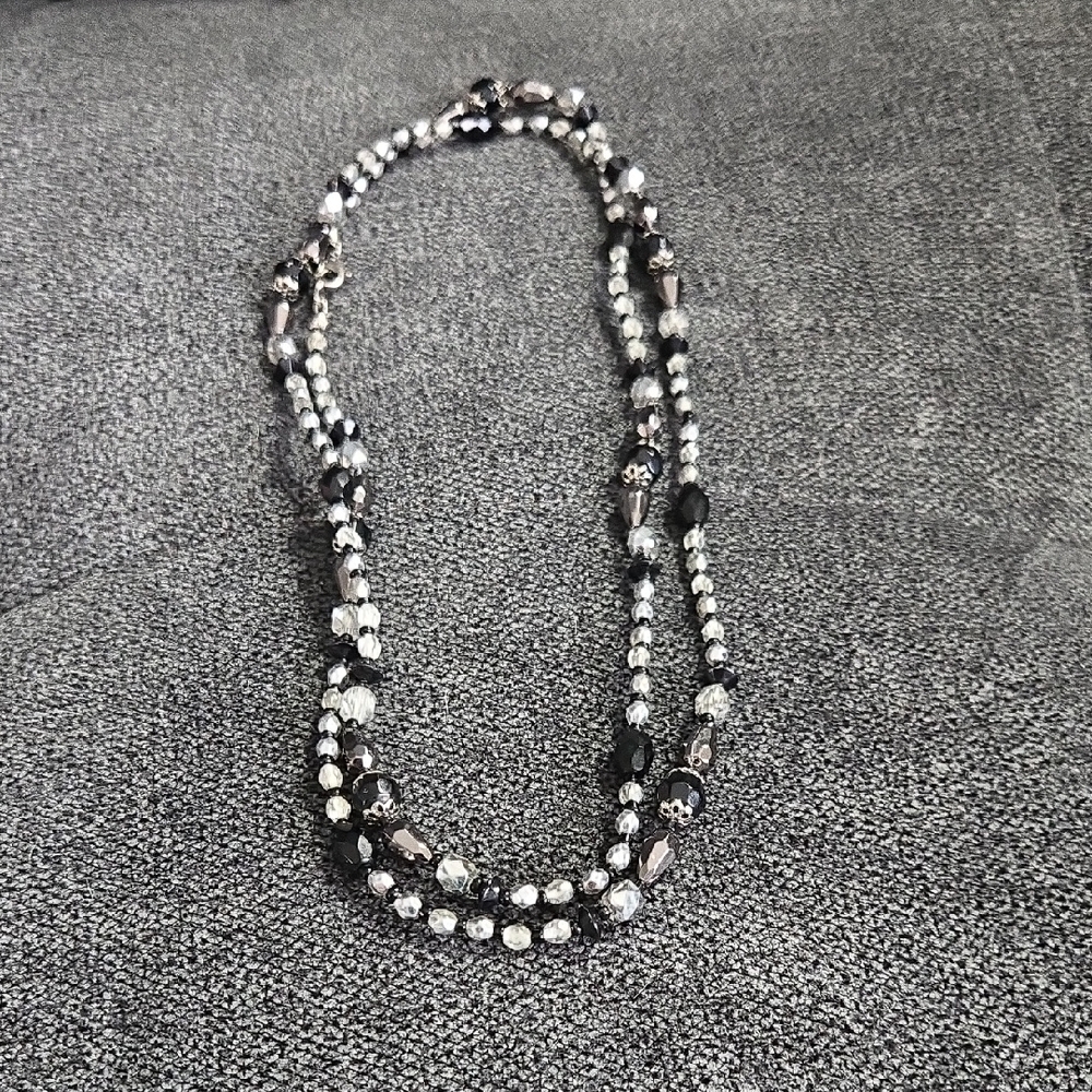 Avon Vintage Black and Silver Beaded Necklace - 38 inches‎